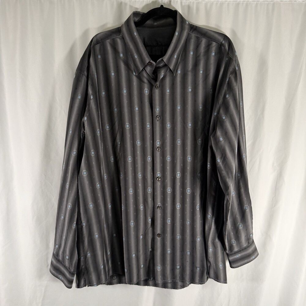 Tommy Bahama Silk Blend Shirt Men's XXL Grey Printed Button Up Long Sleeve Colla